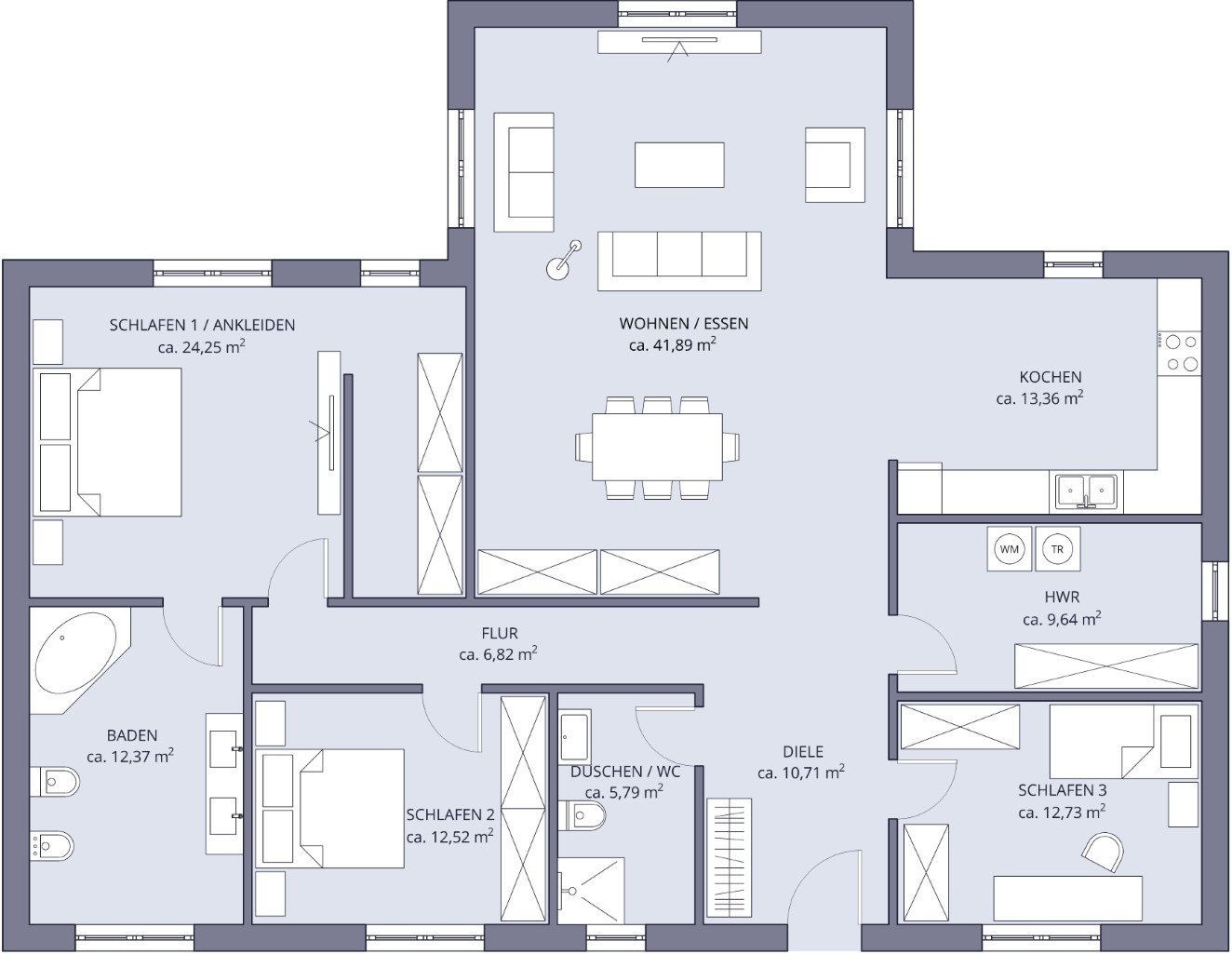 Beispiel Grundriss Winkelbungalow in T Form